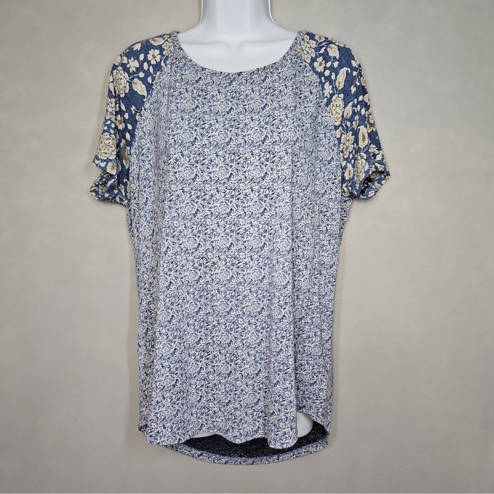 Lucky Brand Womens Blue Floral Zip Back Short Sleeve Blouse Size XL